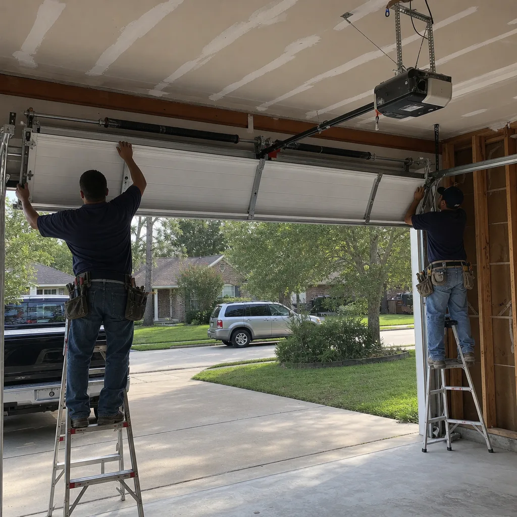 Two professional technicians installing a new residential garage door