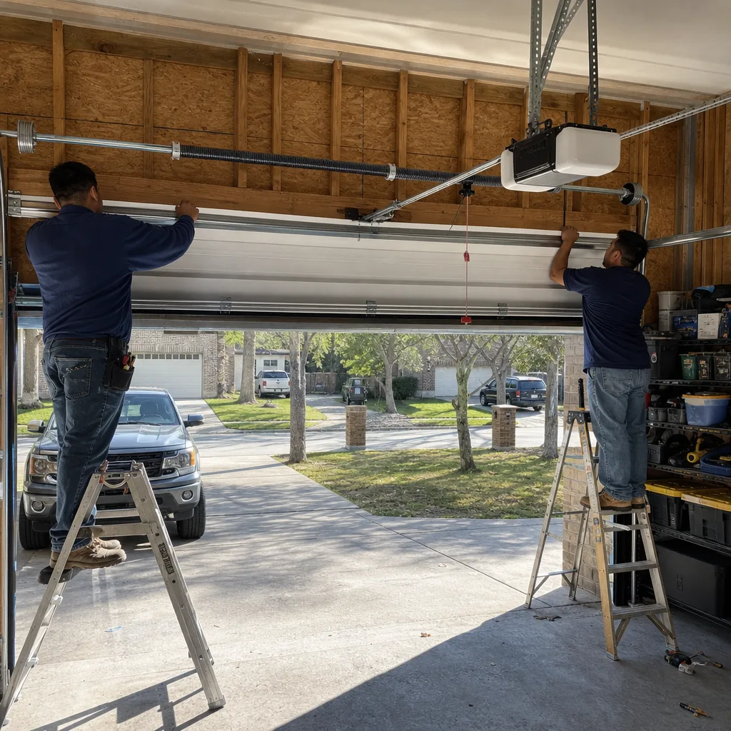Two technicians performing professional garage door installation services on a residential home.
