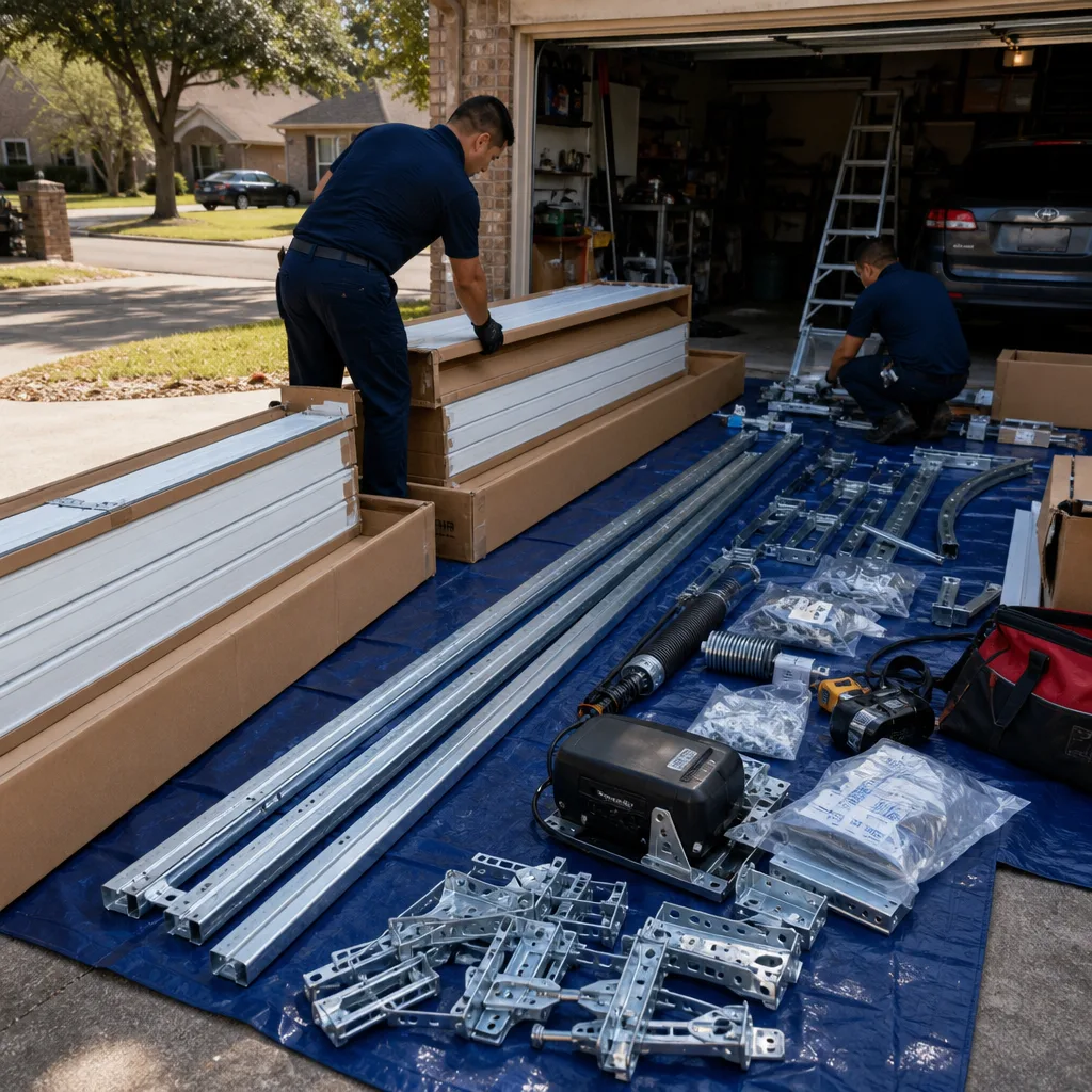 Two technicians organizing professional garage door installation components on a driveway.