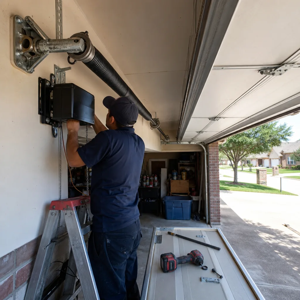 Technician performing professional garage door opener repair and installation.
