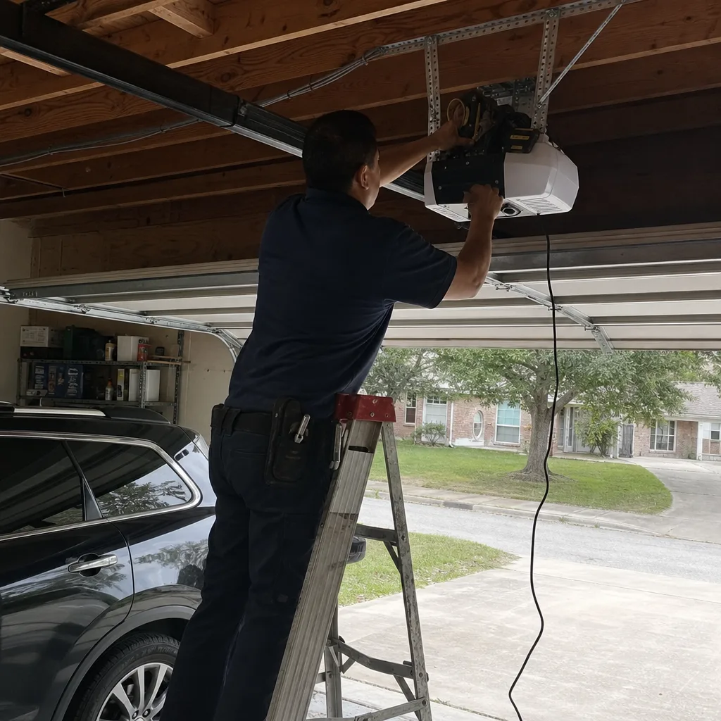 Technician performing professional garage door opener repair and installation services