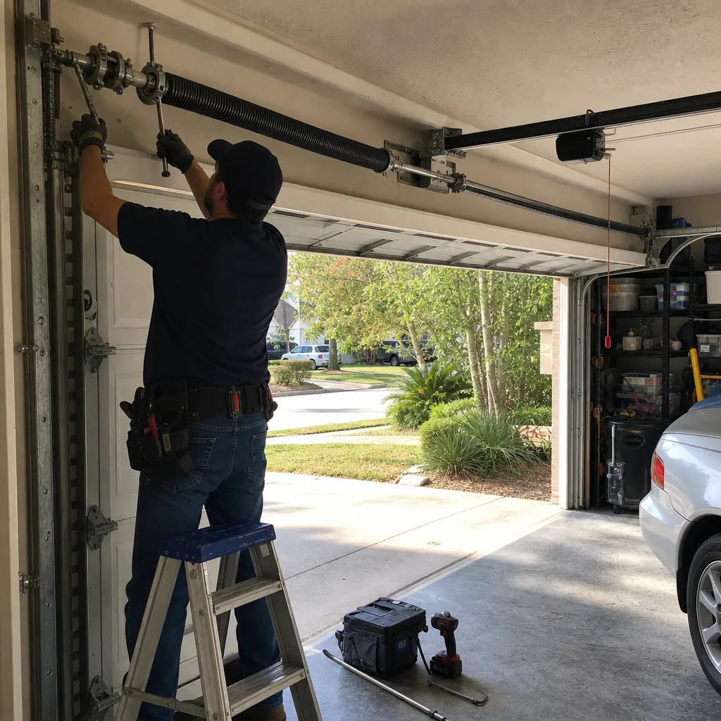 Technician performing professional garage door torsion spring repair